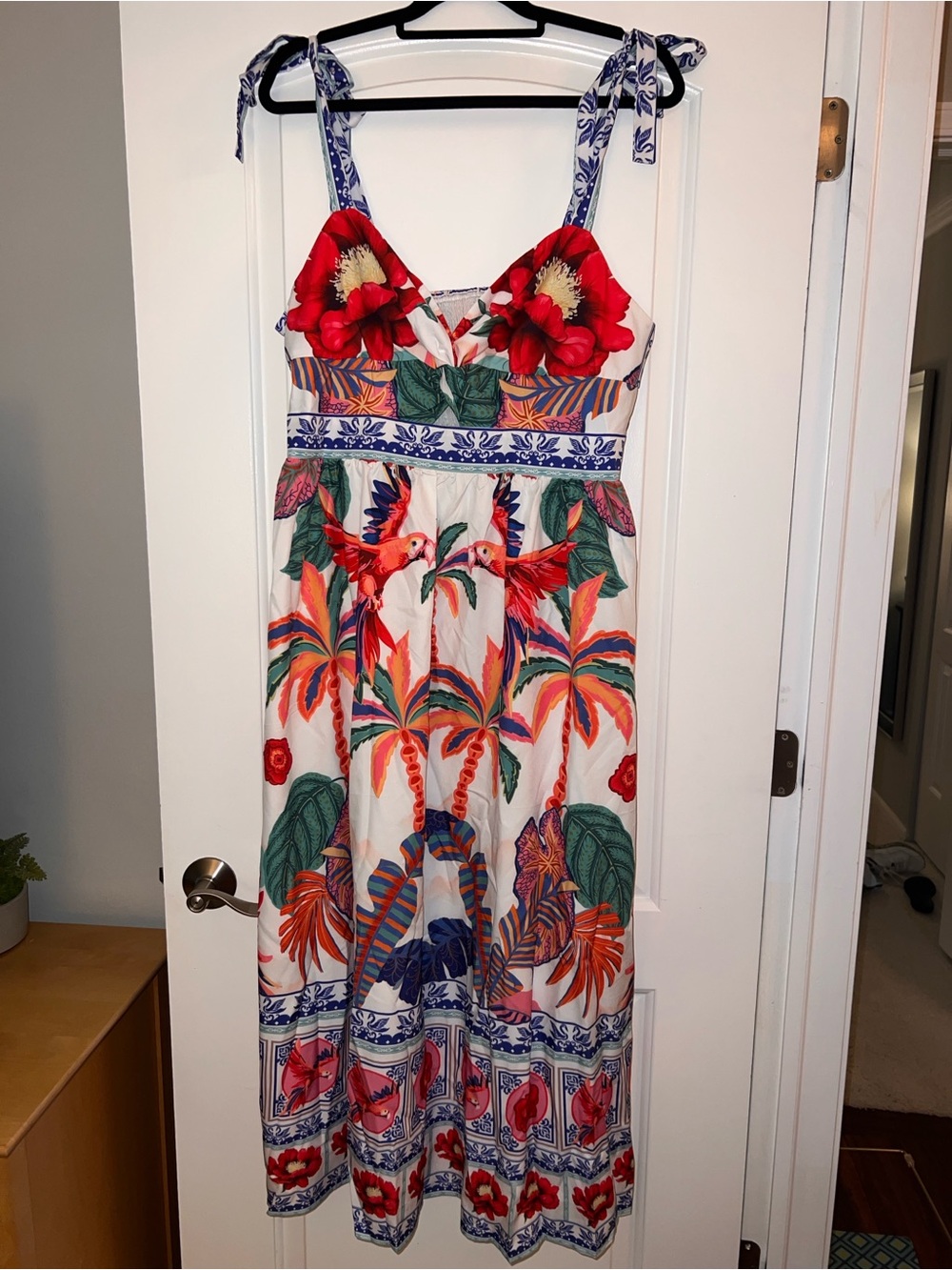 SHEIN White Maxi Dress with Red & Blue Tropical Floral Print